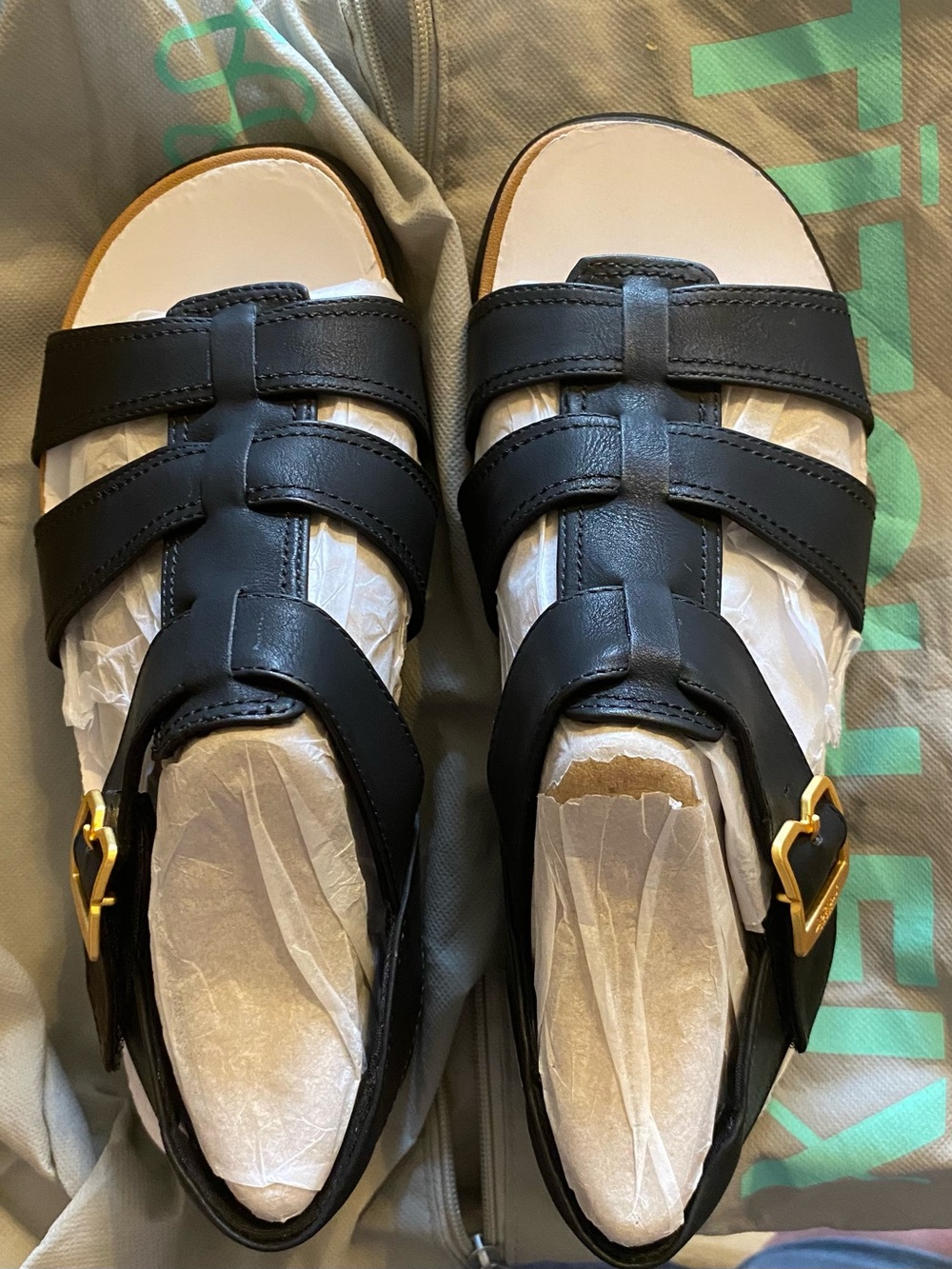 Black Faux Leather Strappy Sandals with Gold Buckles